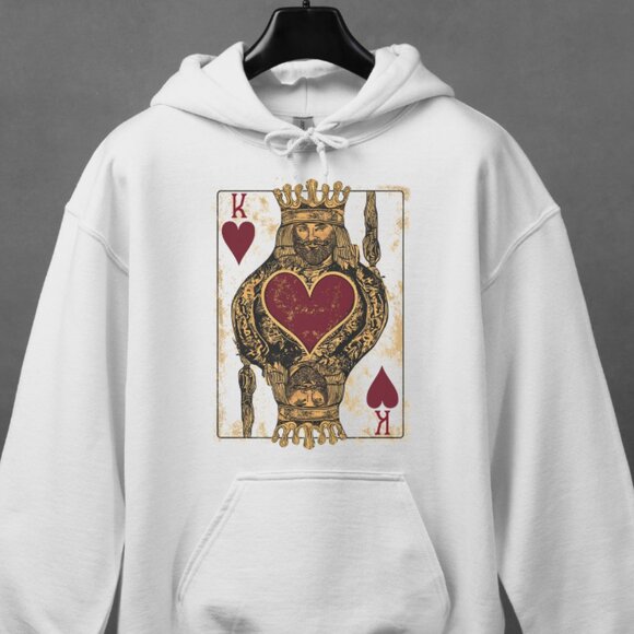 King Hoodie Poker Card Sweatshirt Retro Design White Unisex Pullover Long Sleeve - Picture 1 of 5
